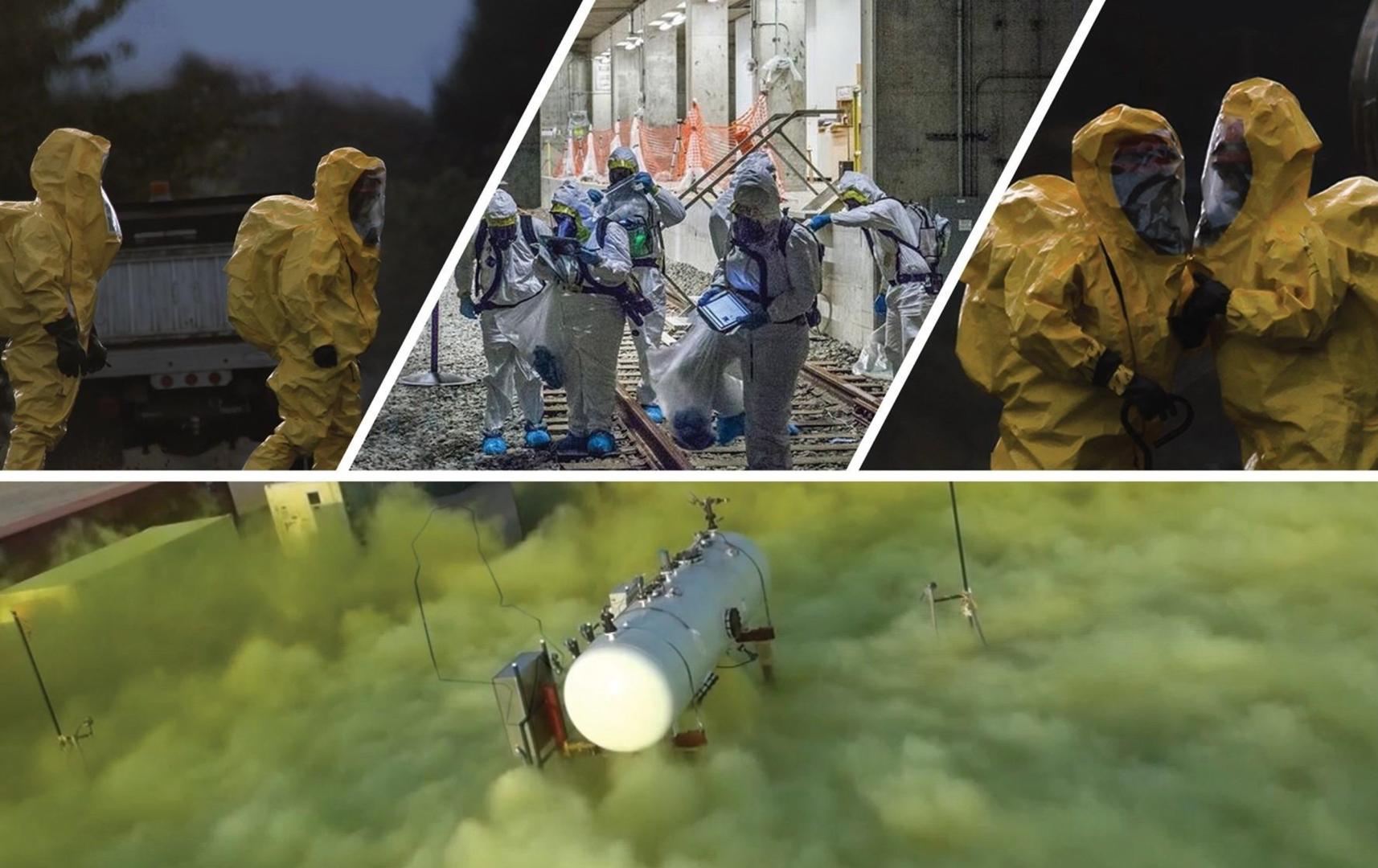 People in hazmat suits working near yellow chemical gas