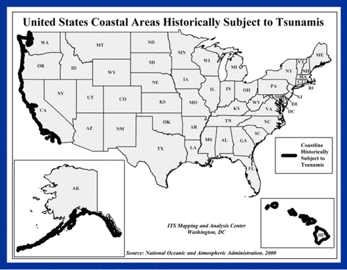 Map of united states coastal areas that have historically been 
subject to tsunamis