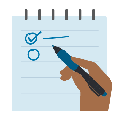 Illustration of a hand holding a pen and checking items off a list on a notepad