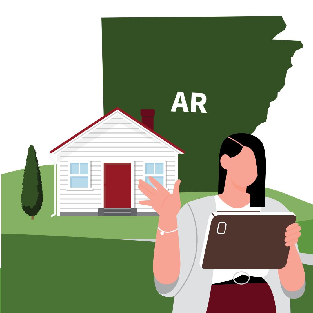 A woman holding a tablet with a house and the state of Arkansas behind her