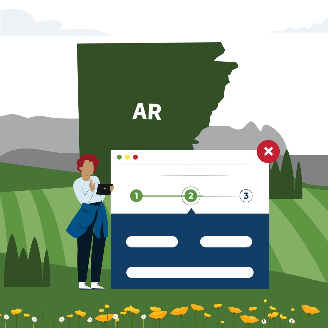 Woman with a tablet next to an enlarged application screen with the state of Arkansas in the background