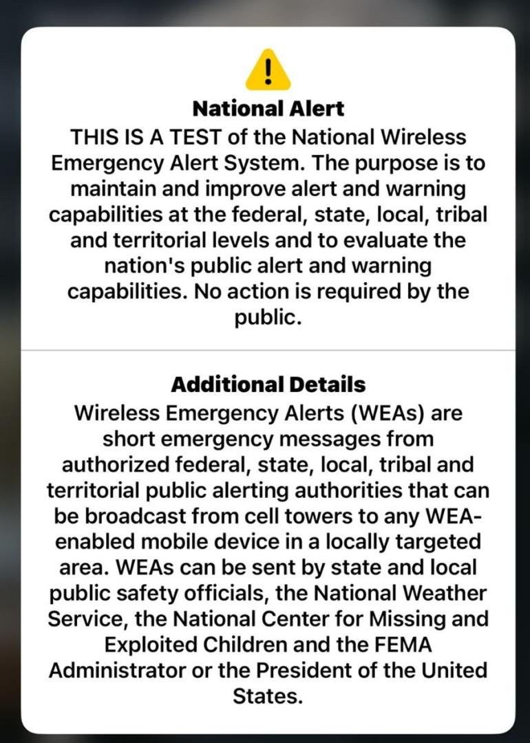 Screenshot from a phone during the National Wireless Emergency Alert System Test.