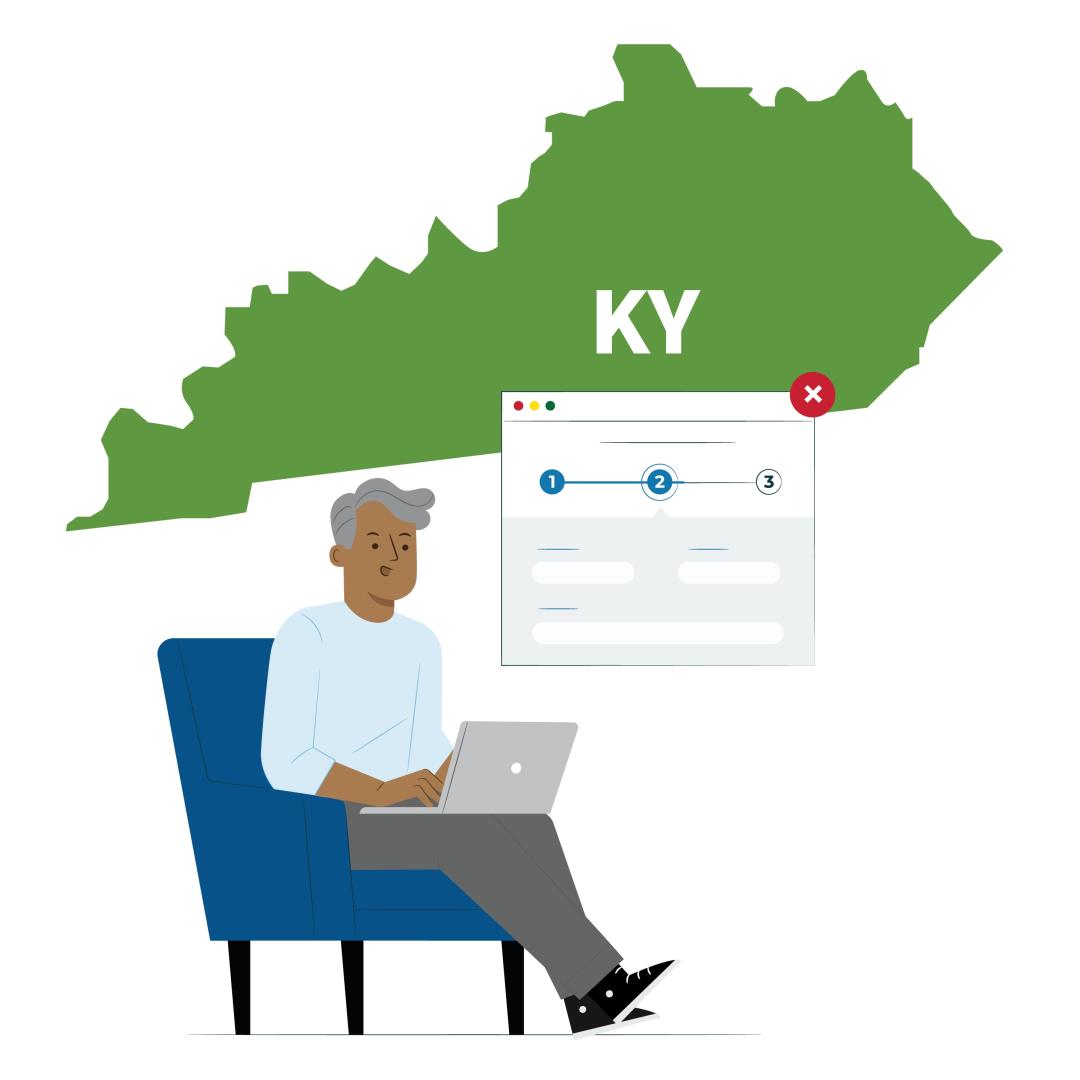 Graphic of a man sitting on a chair with his laptop with the state of Kentucky and an application screen in the background