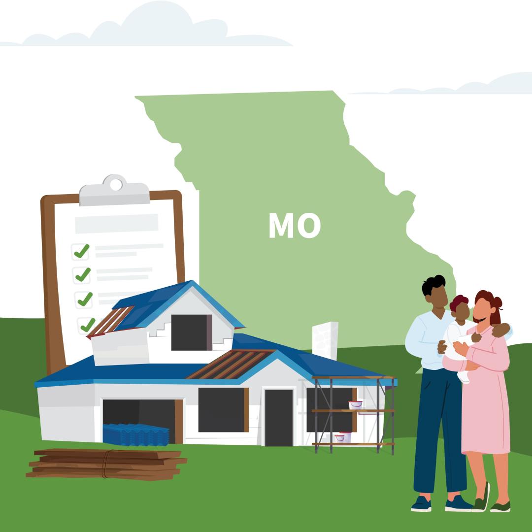 A family next to a house being repaired with a clipboard and the state of Missouri in the background