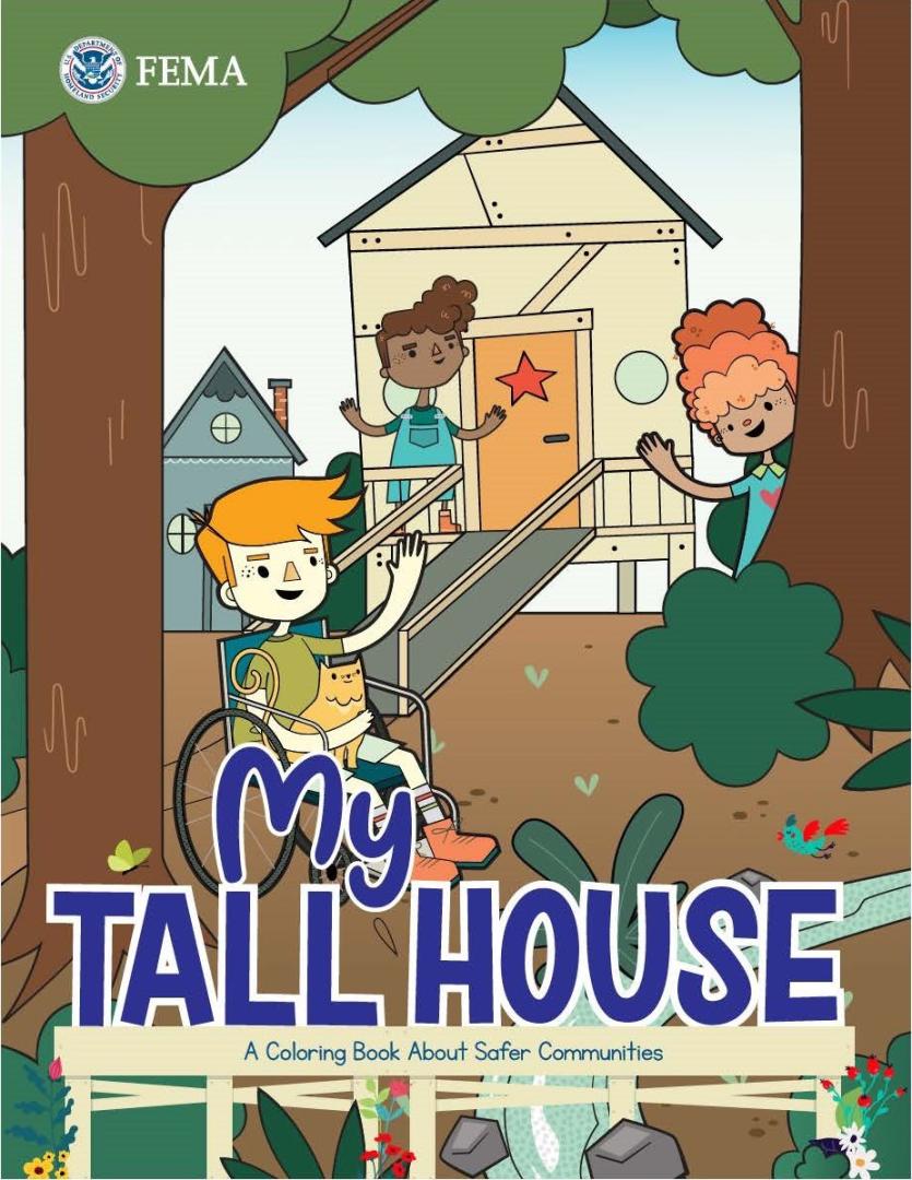 "My Tall House" coloring book cover with an elevated house with a ramp for a boy sitting in a wheelchair.  