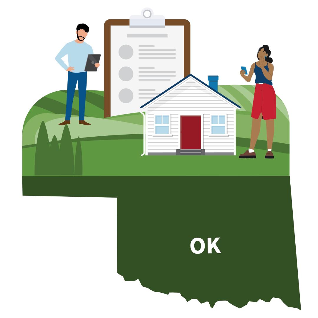 Graphic of the state of Oklahoma and a man and woman holding mobile devices with a house and paperclip in between them.