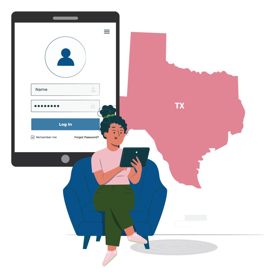 Graphic of a woman sitting on a chair with a tablet with an image of tablet screen and Texas behind her