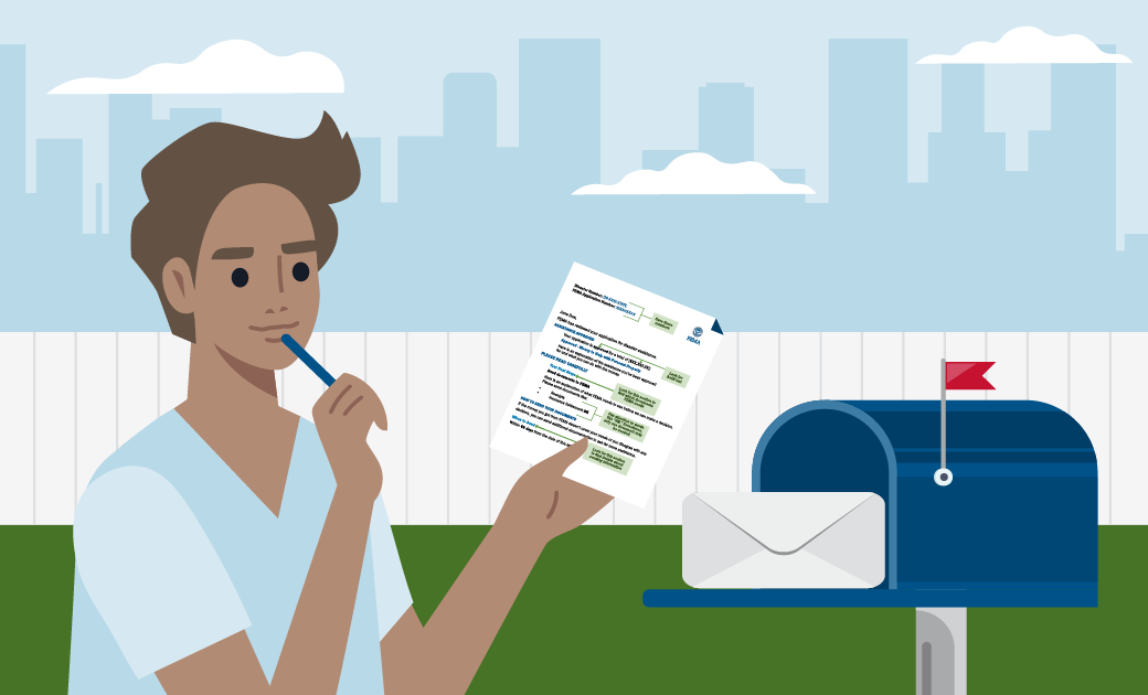 A person at their mailbox holding a copy of a letter. They are reading the letter.