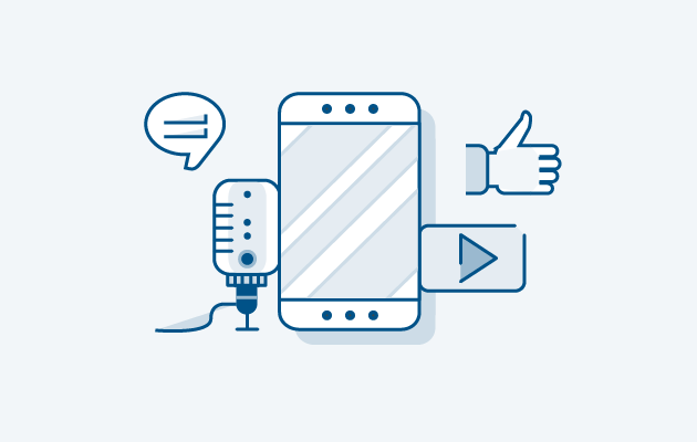 A chat circle, a mic, a smartphone, a play icon and a thumbs up 