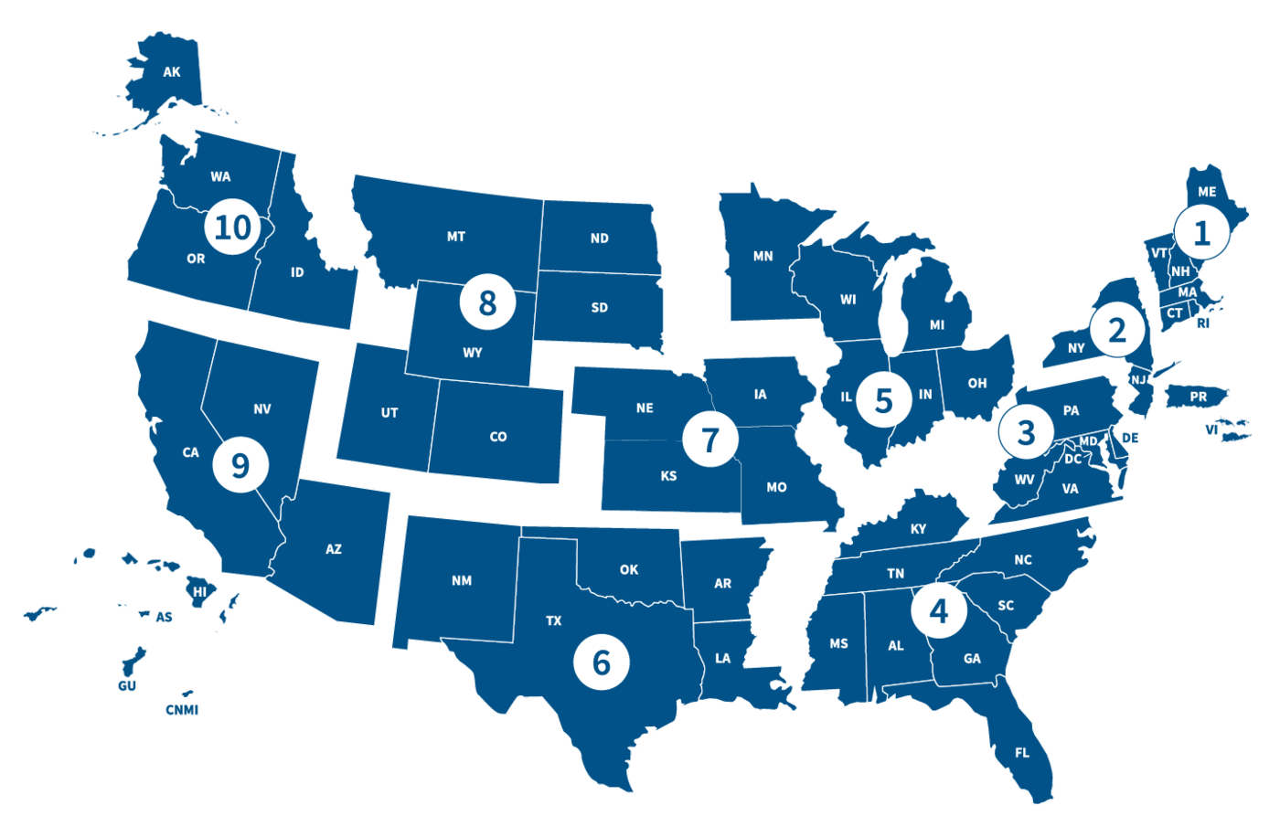 FEMA Regional US Map Showing 10 Regions (Regions 1-10)