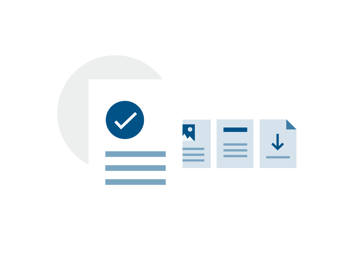 Illustration of documents featuring factsheet (checkmark), graphics, and download documents