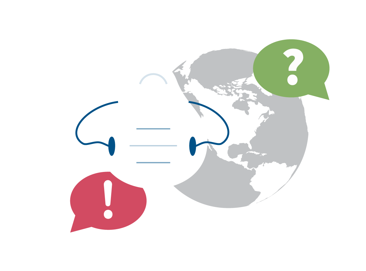 Illustration of a face mask with a question mark in a chat bubble and exclamation mark in a chat bubble.