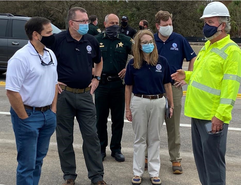 Florida Sen. Marco Rubio, FEMA Administrator Pete Gaynor, and FEMA Region 4 Administrator Gracia Szczech speak with Florida and Escambia County officials about damage caused by Hurricane Sally