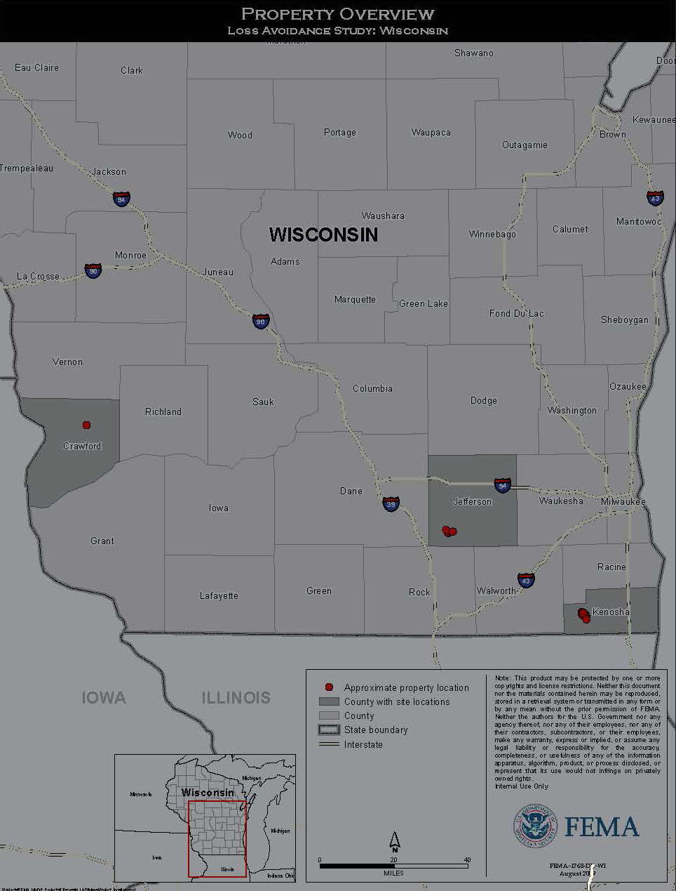 Map of Wisconsin showing approximate property location, county with site locations, county, state boundary interstate.