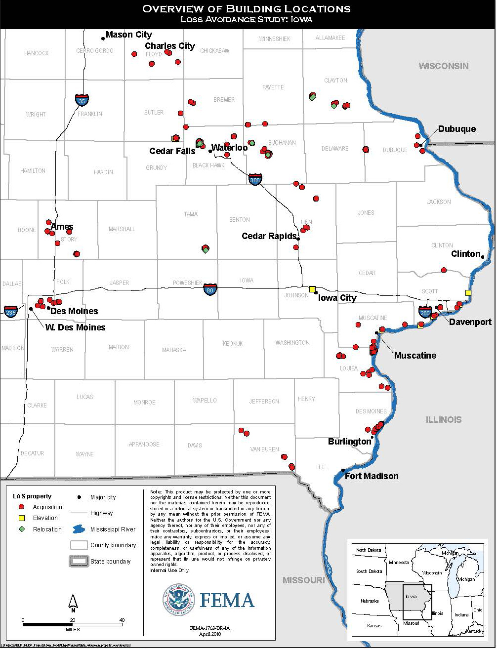 Map of Iowa showing locations of acquisitions; elevations; relocations; major cities; highways; county boundary, state boundary; Mississippi River. April 2010 map from FEMA-1763-DR-IA.