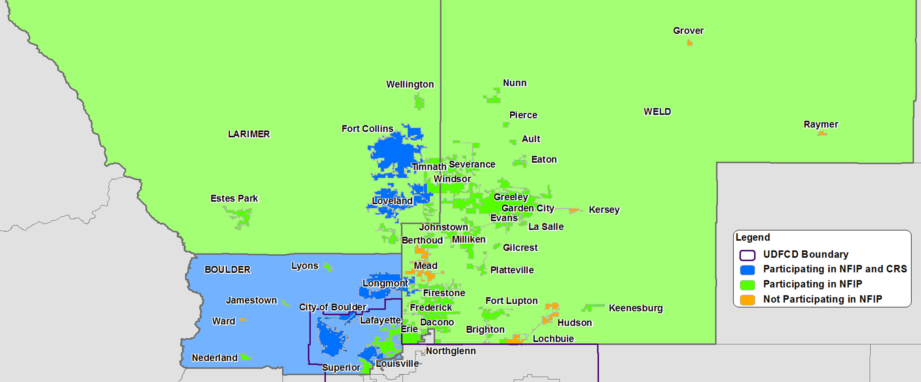 NFIP and CRS Status for Study Area. Shown is UDFCD boundary; participating in NFIP and CRS; participating in NFIP; Not participating in NFIP.