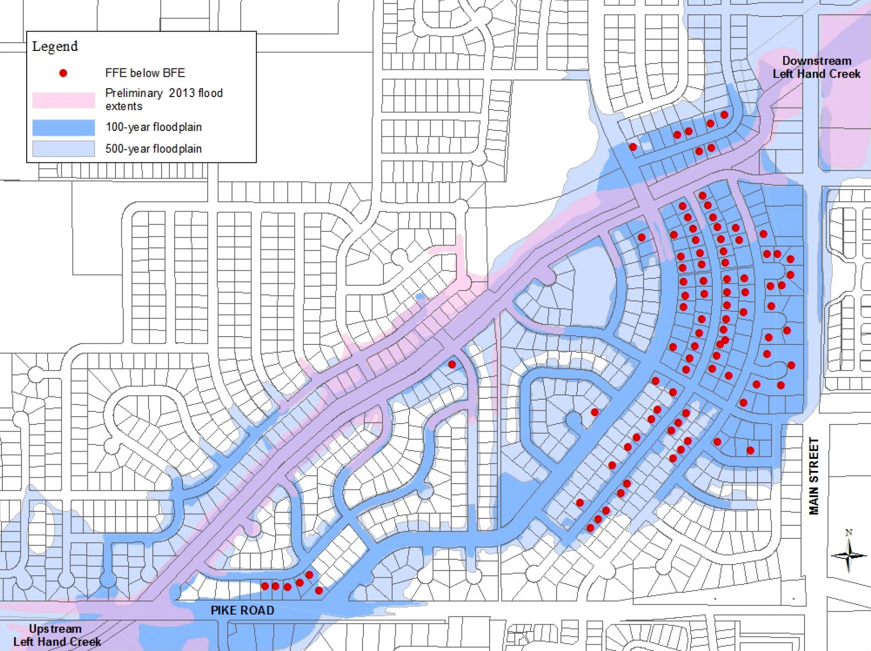Structures to be removed from SFHA in Left Hand Creek Flood Project proposal.  Shown: FFE below BFE; Preliminary 2013 flood extents; 100-year floodplain; 500-year floodplain.