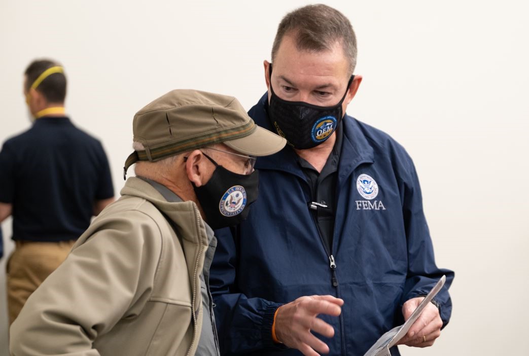 FEMA Administrator Pete Gaynor (right) speaks with U.S. Rep. Peter DeFazio following a meeting with Oregon Gov. Kate Brown about the wildfires in Oregon. 