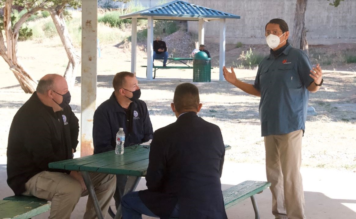 FEMA Administrator Pete Gaynor (both photos, 2nd from left) meets with Navajo Tribal leaders to discuss the Navajo Nation’s needs for the COVID-19 response and other emergency management priorities. Navajo Nation President Nez and Vice President Lizer are pictured at the table, along with FEMA Region 9 Administrator Bob Fenton. 
