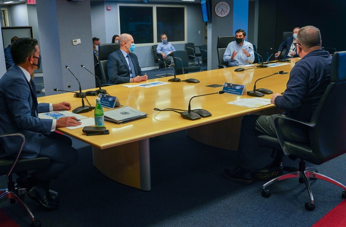 FEMA’s Acting Associate Administrator for the Office of Response and Recovery David Bibo (farside right) provides a detail to Department of Homeland Security Acting Secretary Chad Wolf (left) during a Hurricane Delta update, while FEMA Administrator Pete Gaynor (right) looks on. 