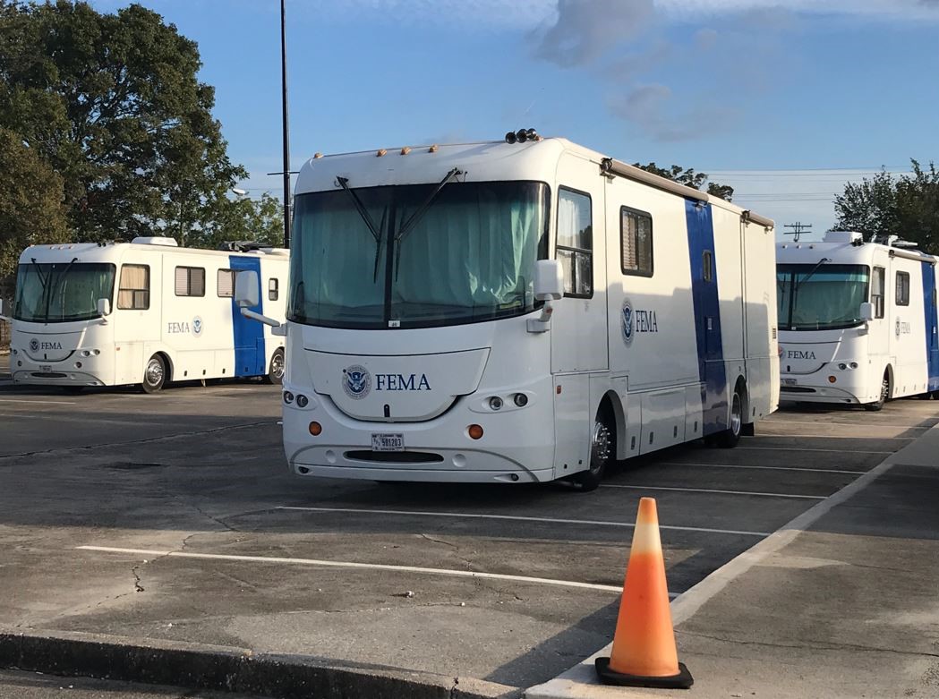 Mobile Registration Intake Center vehicles are staged to provide quick assistance to storm survivors from Hurricanes Delta and Laura.