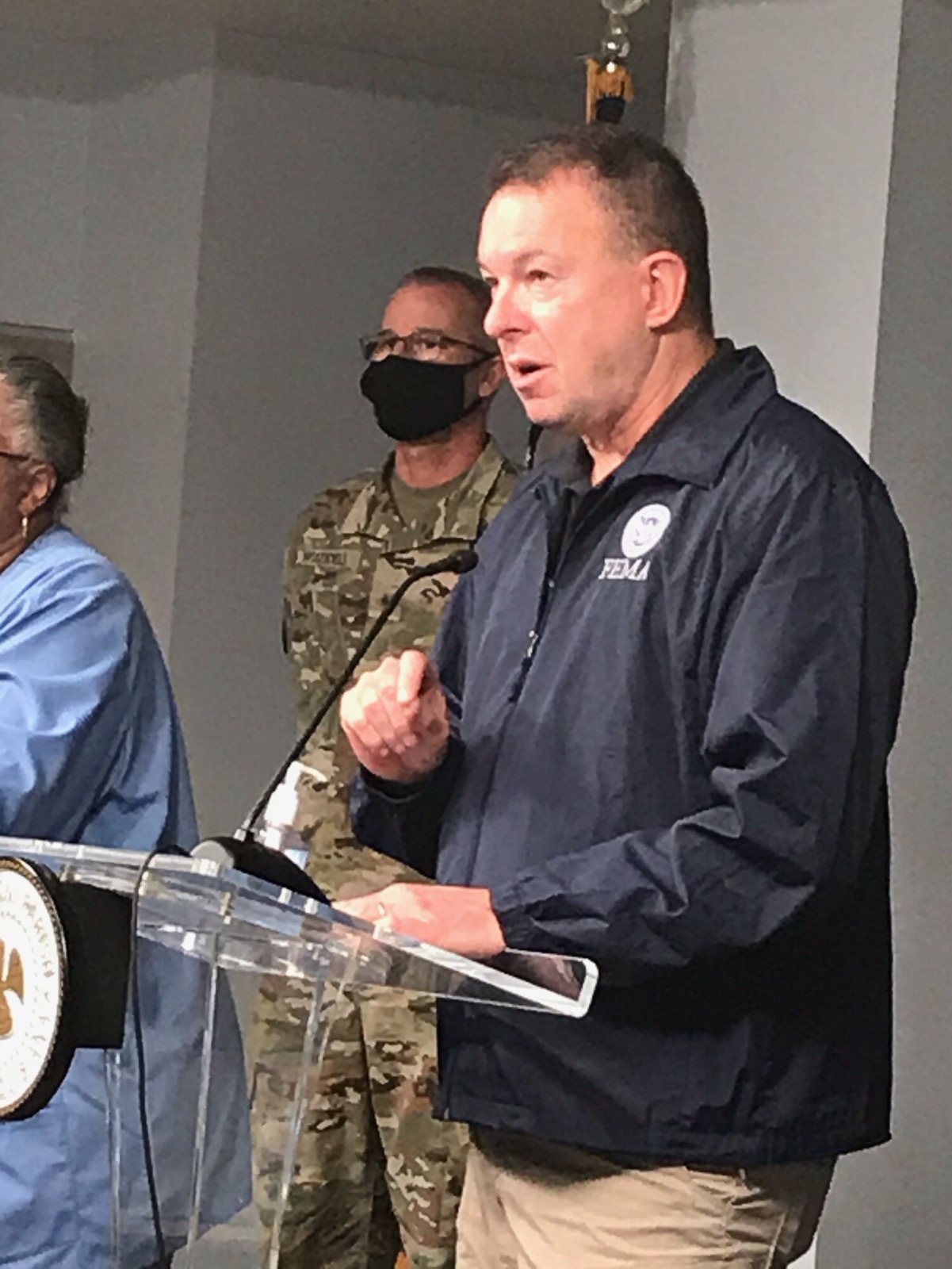 FEMA Administrator Pete Gaynor addresses the media outside of the Jefferson Parish Department of Emergency Management operations center.