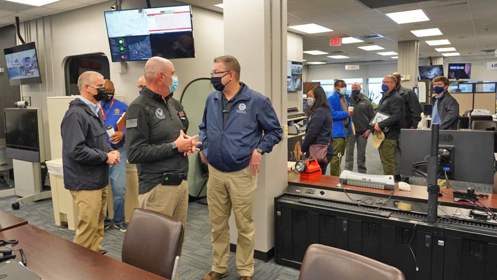 FEMA Administrator Pete Gaynor meets with staff from the New Orleans Office of Homeland Security and Emergency Preparedness and tours their emergency operations center during a visit following Hurricane Zeta.