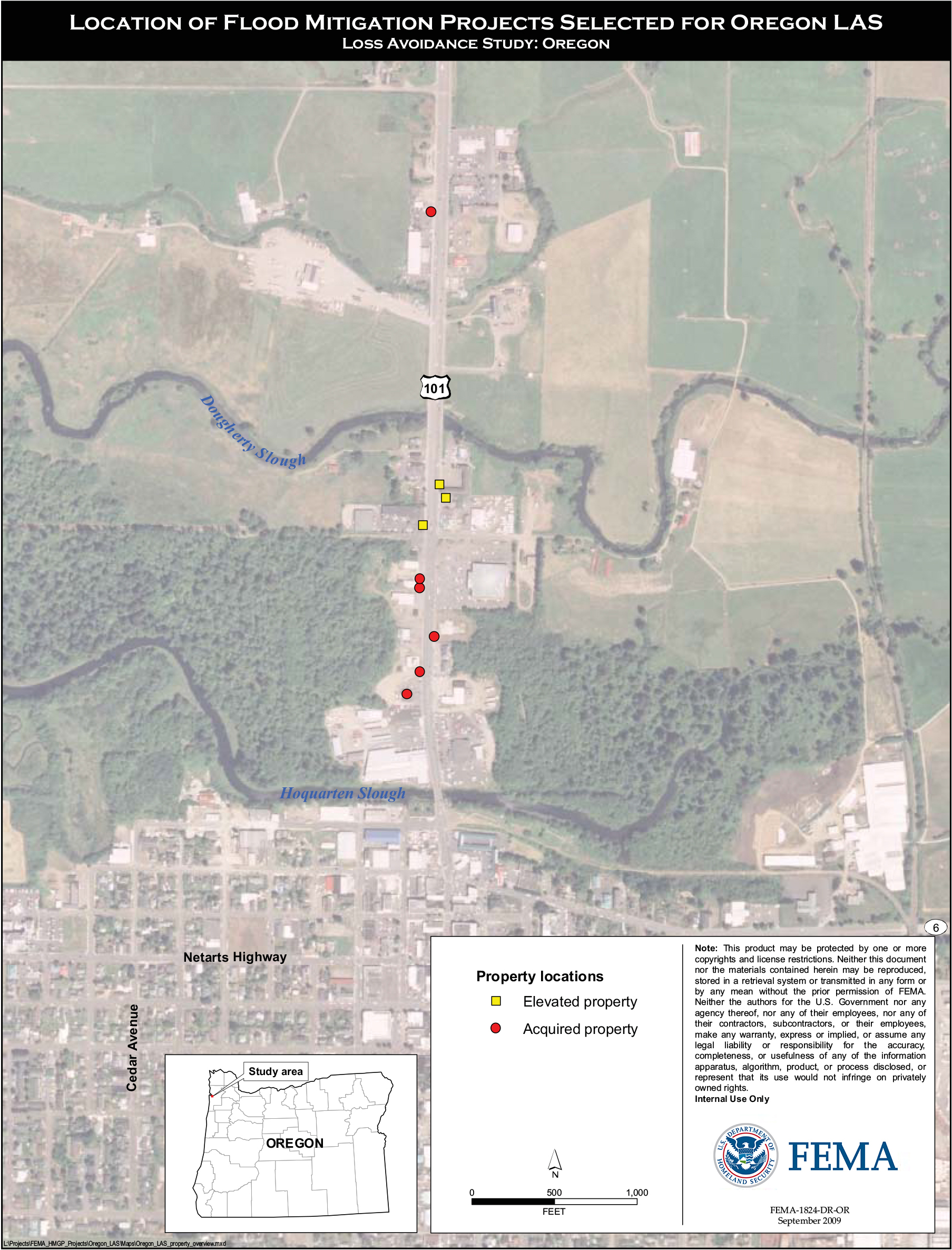 Location of Flood Mitigation Projects Selected for Oregon LAS Loss Avoidance Study: Oregon. Shown: Property locations by Elevated Properties; Acquired Properties. FEMA-1824-DR-OR, September 2009.