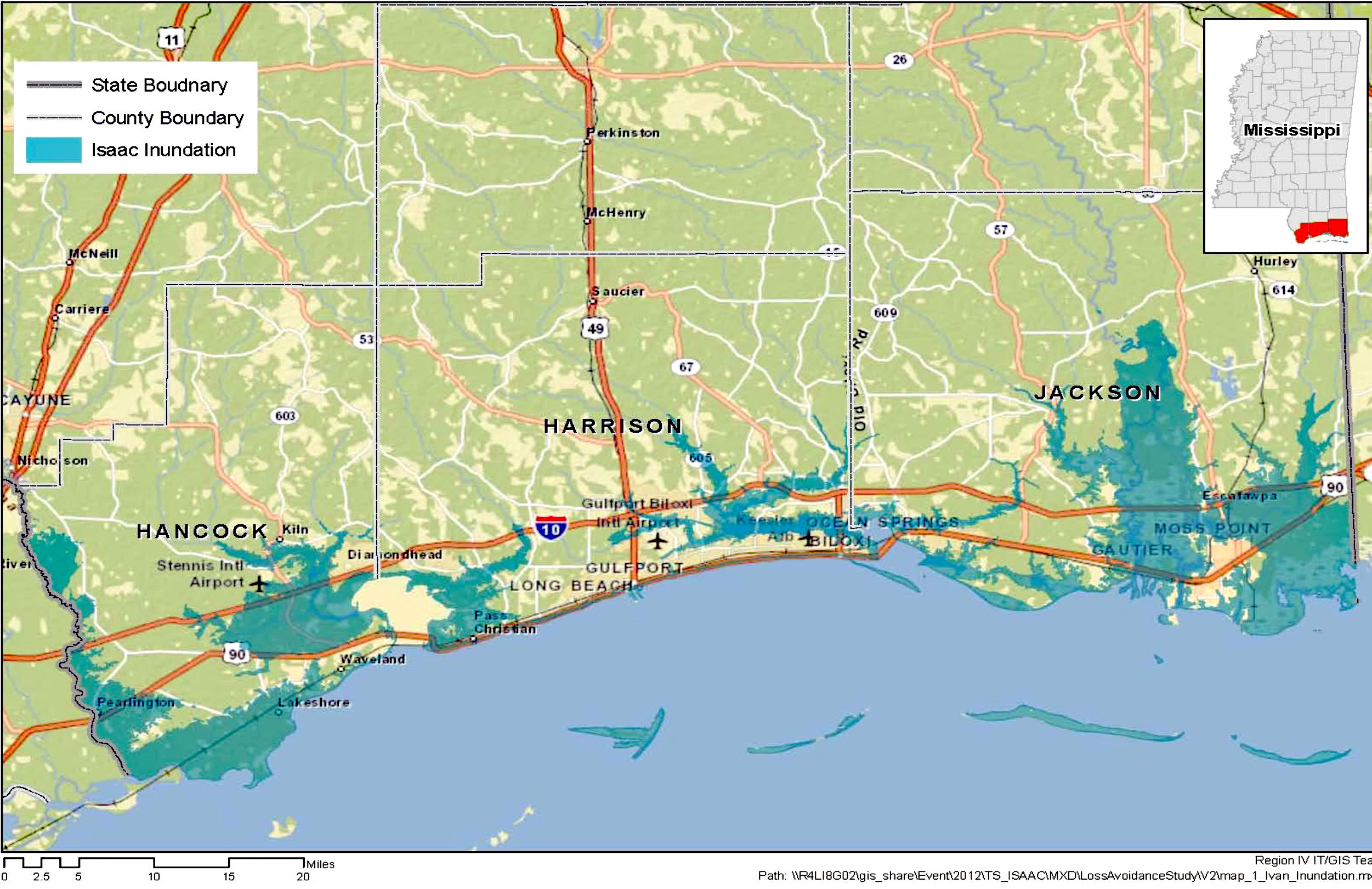 Mississippi project area: Isaac Inundation Area. Shown on map is Isaac inundation; state boundary; county boundary.