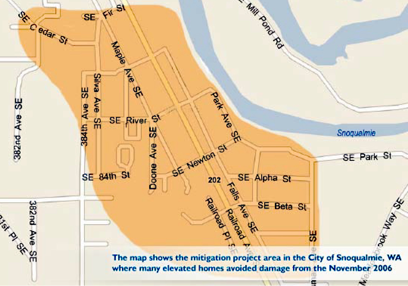 The map shows the mitigation project area in the City of Snoqualmie, Washington where many elevated homes avoided damage from the November 2006 flood