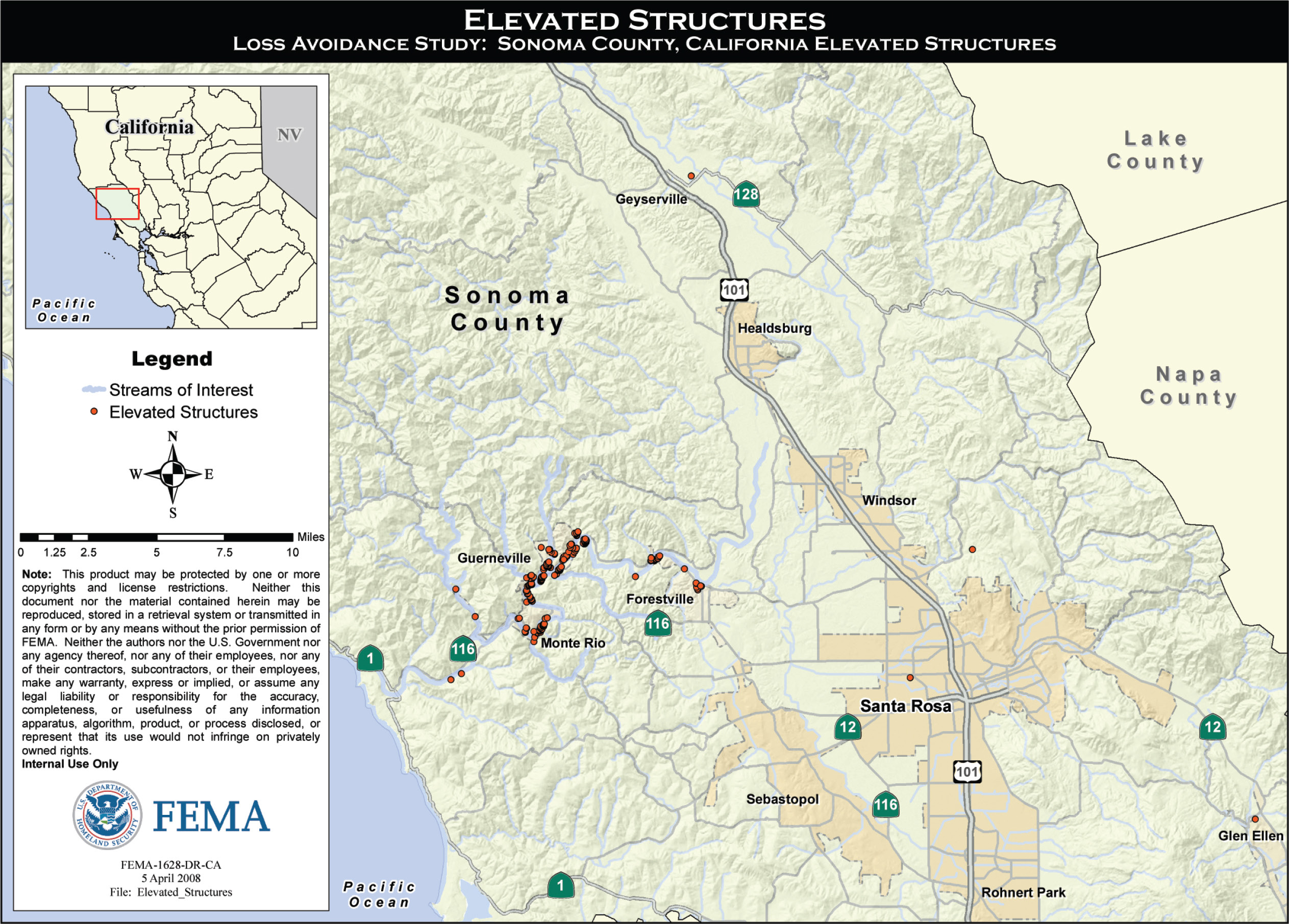 Elevated Structures. Loss Avoidance Study: Sonoma County, California Elevated Structures. Legend shows streams of interest; elevated structures. FEMA-1628-DR-CA. 5 April 2008; File: Elevated_Structures.