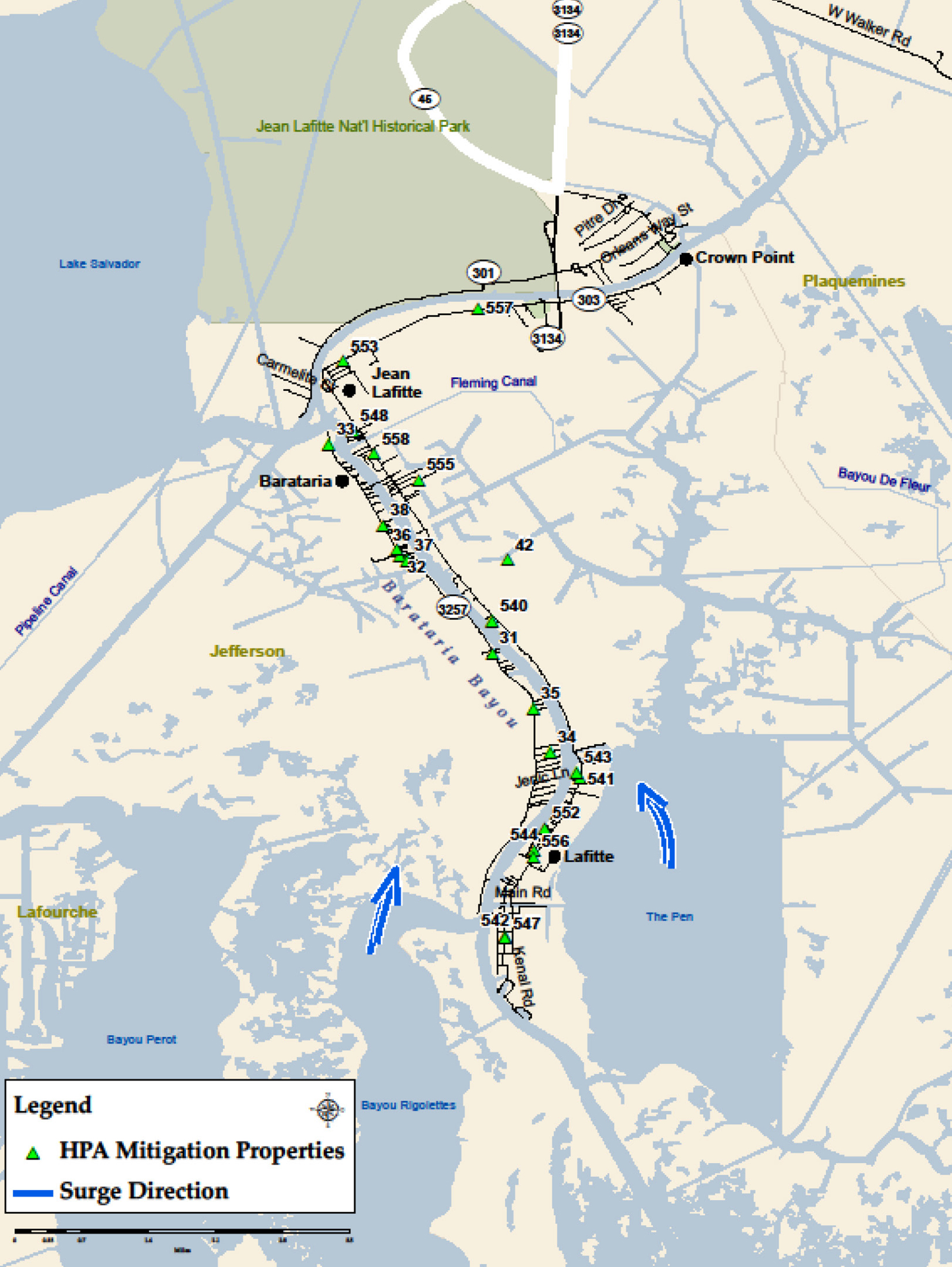 West Bank of Jefferson Parish along Barataria Bayou.  Shown are HPA Mitigation Properties and Surge direction.