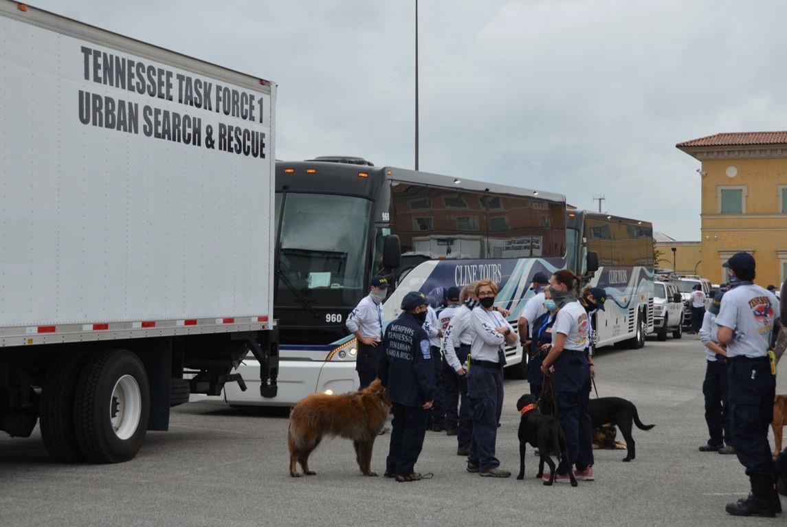 Urban Search and Rescue teams from Florida, Indiana, Missouri, Ohio and Tennessee arrive in Baton Rouge, Louisiana, to begin staging and preparing for operations following Hurricane Delta.