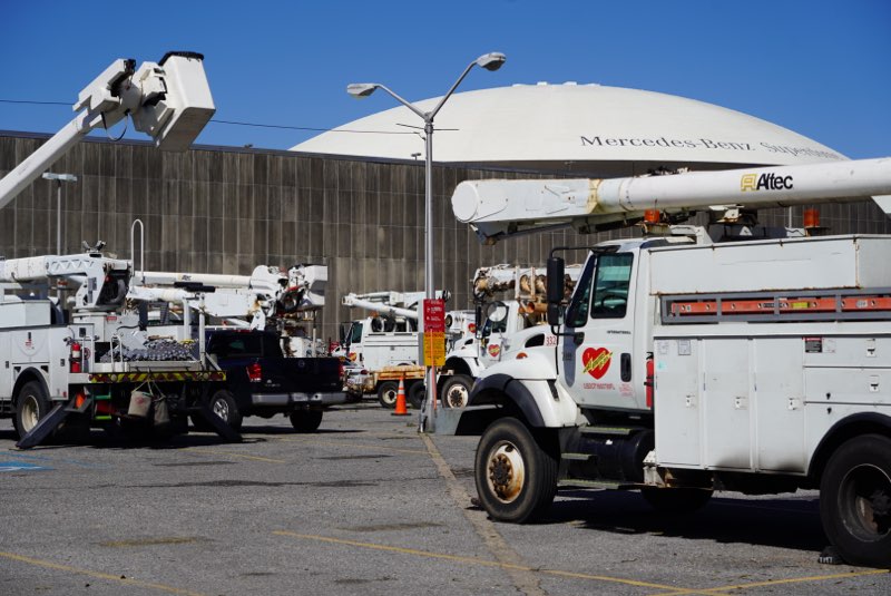 Utility vehicles stage in the parking lot of the Mercedes-Benz Superdome as they prepare to roll out. The FEMA Administrator visited New Orleans and Jefferson parishes for first-hand view of the damage and receive updates from Louisiana state leaders.