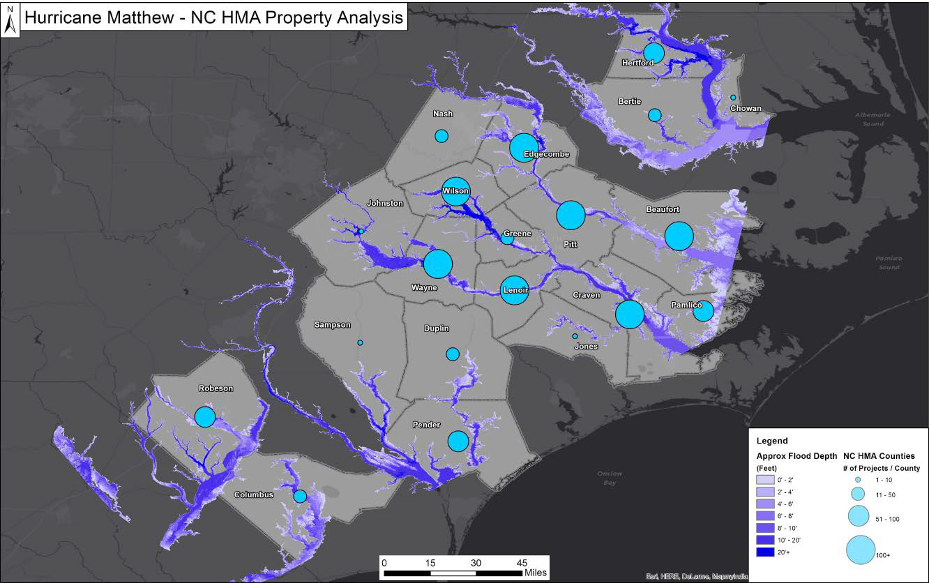 North Carolina HMA Property Analysis. Shows approximate flood depth in feet ranging from low of 0-2 inches to high of 20+ inches; also shows the number of HMA counties in North Carolina ranging from low of 1 to 10 and high of greater than 100.