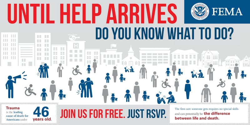 Text: Until help arrives, do you know what to do? Trauma is the leading cause of death for Americans under 46 years old. The first care someone gets requires no special skills and can potentially be the difference between life and death.