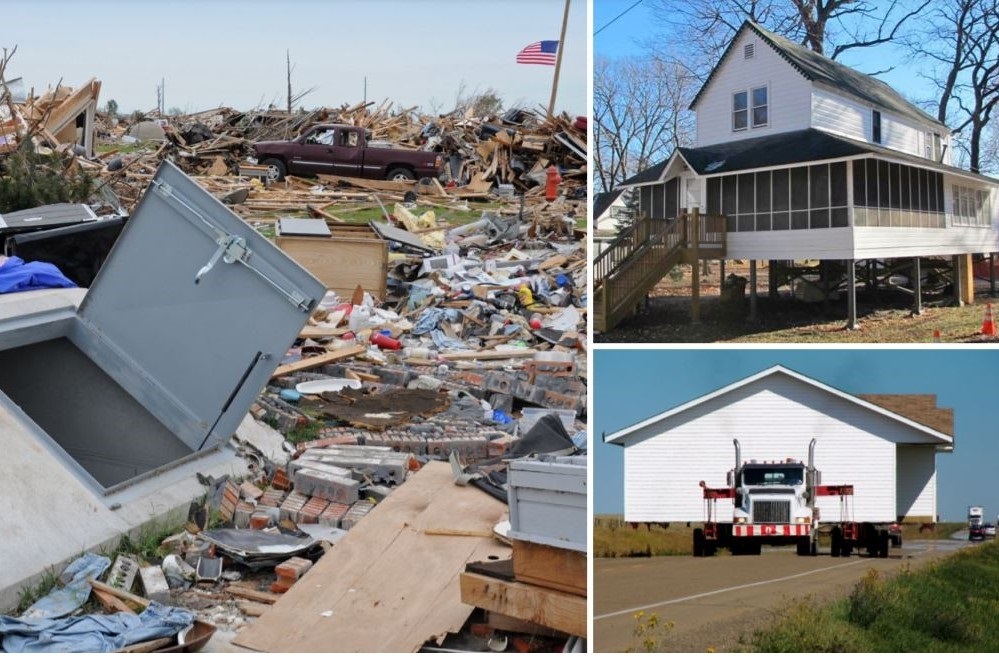 collage of a home on stilts, a home being carried by a truck, and a debris field
