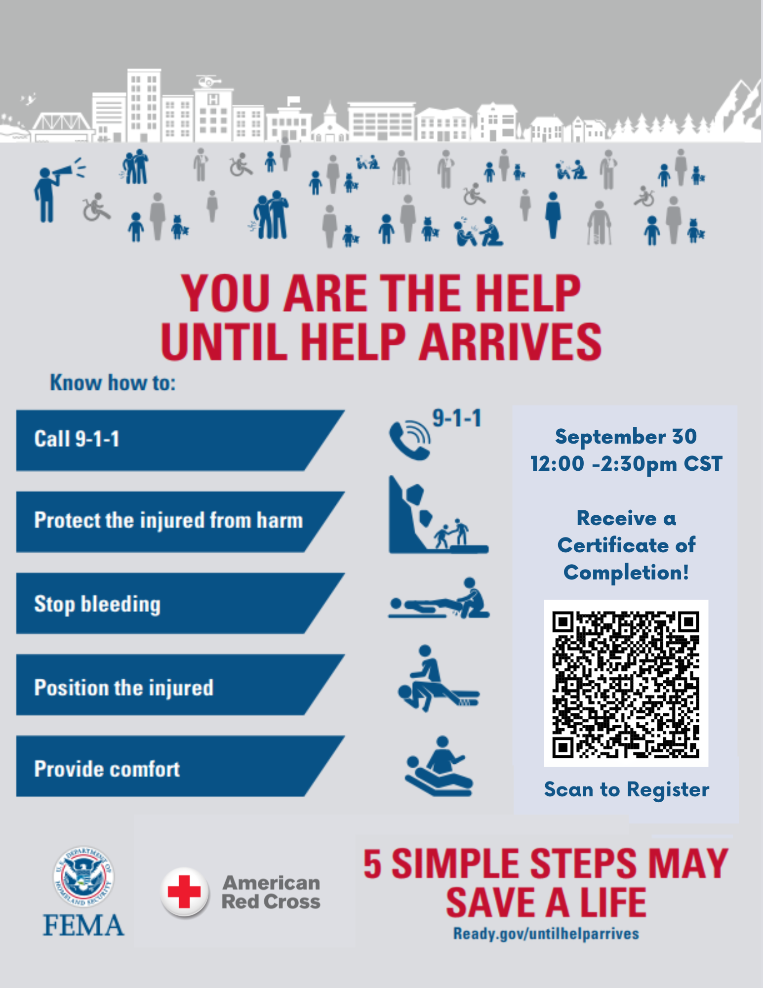 "You are the Help Until Help Arrives" flyer. Embedded text includes plain-text info included on this web page.