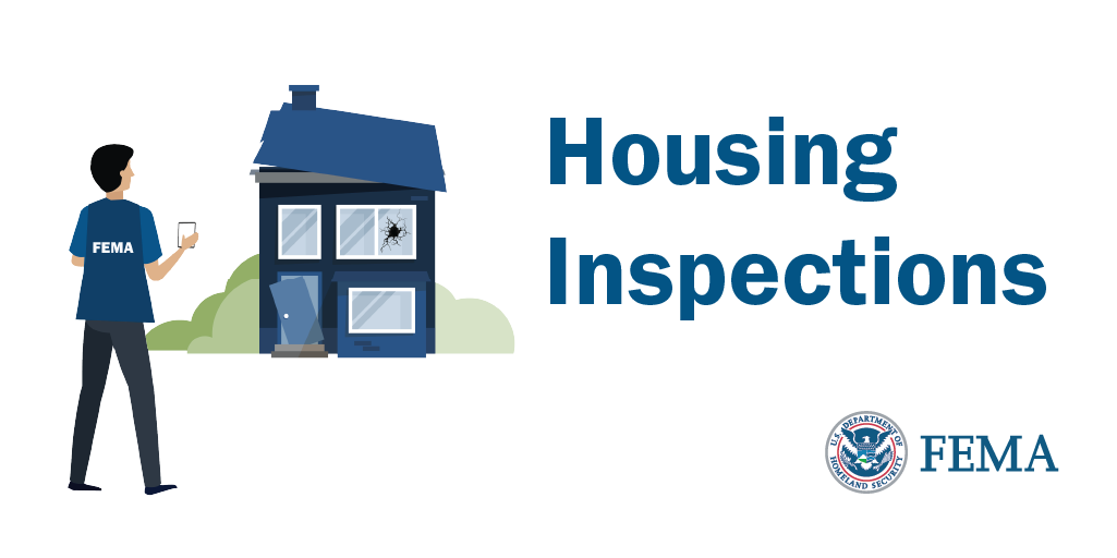 Housing Inspections (graphic shows a FEMA employee in front of a damaged house)