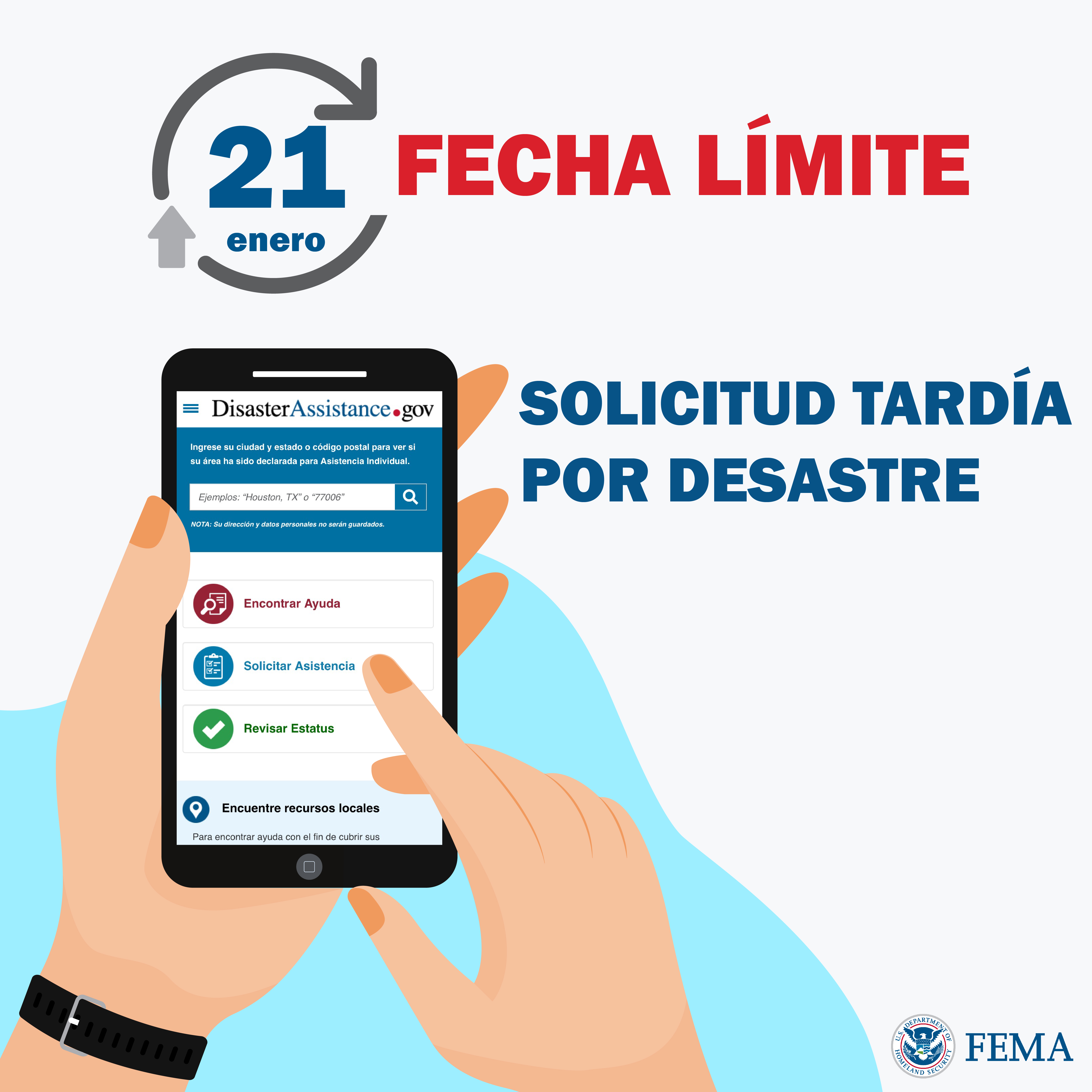 Ilustración de dos manos sosteniendo un teléfono inteligente y una de ellas señalando un icono en la pantalla del celular, texto. Logo de FEMA.