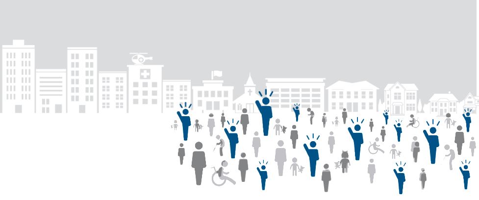 icons of people in front of building skyline