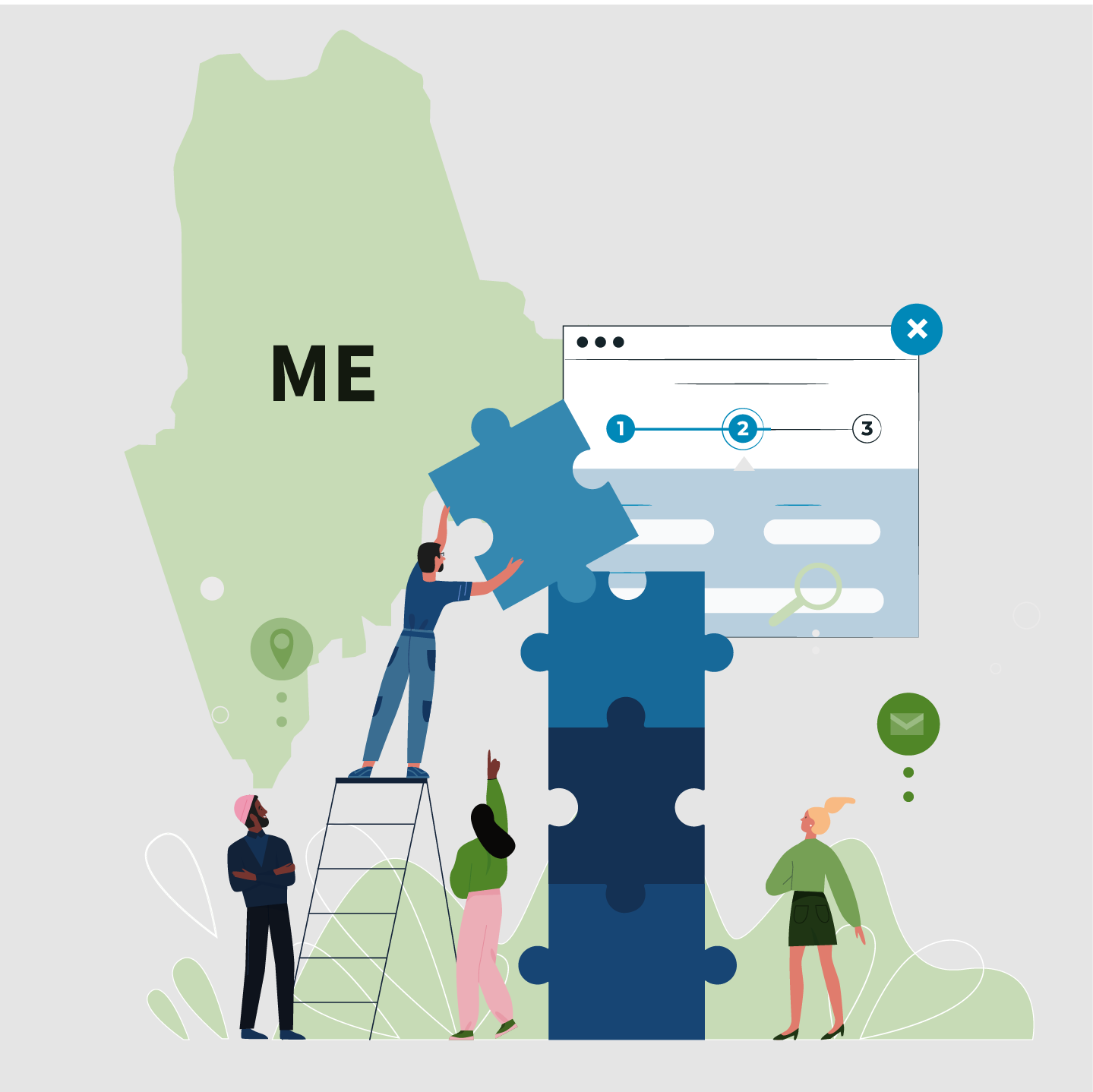 Illustration of people putting together a puzzle with the Maine state silhouette in the background.
