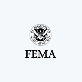 a black and white FEMA logo with the Department of Homeland Security seal