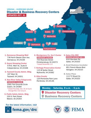 Virginia - Hurricane Helene -Disaster and Business Recovery Centers - Updated Oct. 31