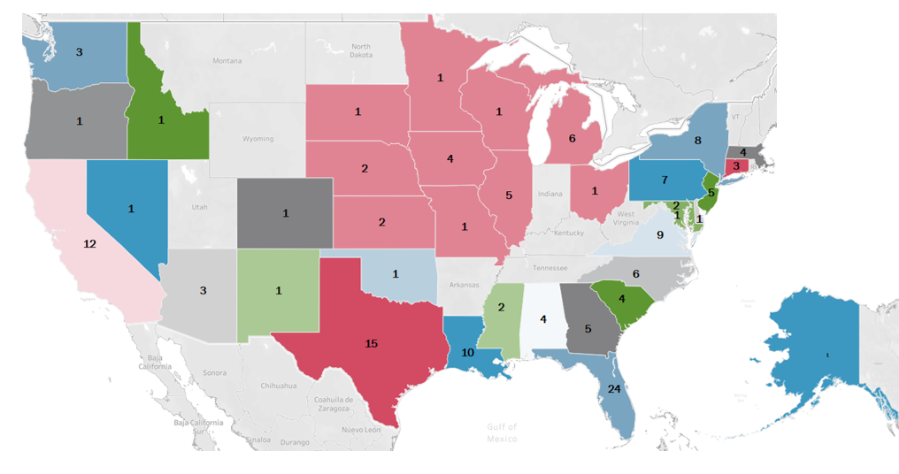 Map of the United States with the number of cases received from each state in the first quarter of 2021.