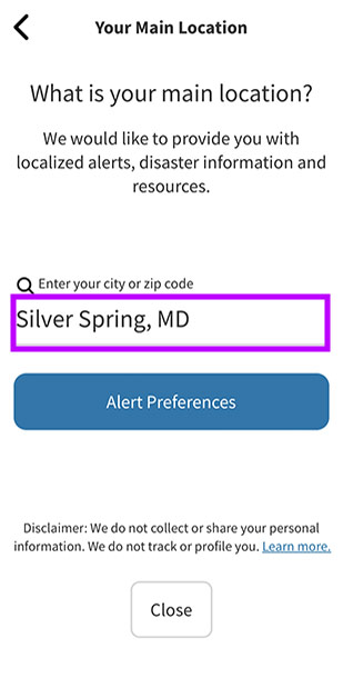 Your Main Location screen. “Silver Spring, MD” highlighted.