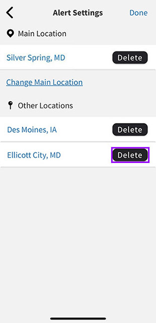 Alert Settings screen. “Delete” next to one of the Other Locations highlighted.