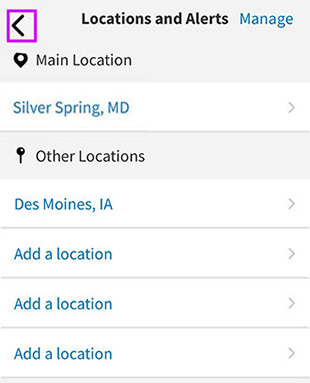 Locations and Alerts screen. Back arrow in top left highlighted.