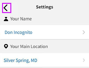 Settings screen. Back arrow in top left highlighted.