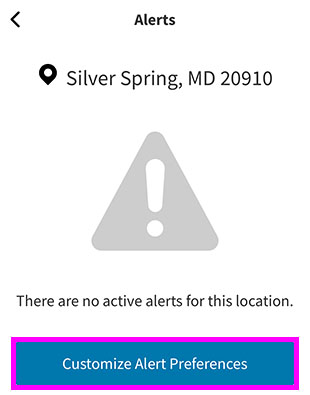 Alerts screen for Main Location. “Customize Alert Preferences” button highlighted.